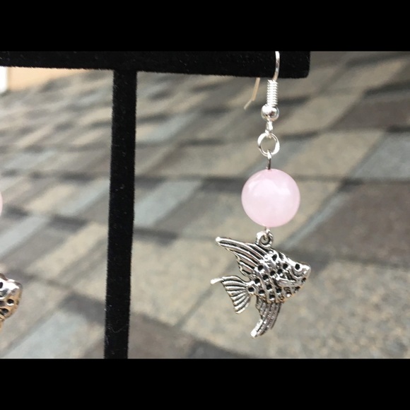 Pink Rose Quartz Angelfish Dangle Earrings - Picture 7 of 8
